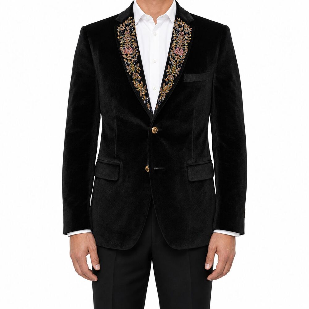 Mens 42R Black Velvet Blazer Jeweled Floral Embroidered Lapel Tuxedo Jacket